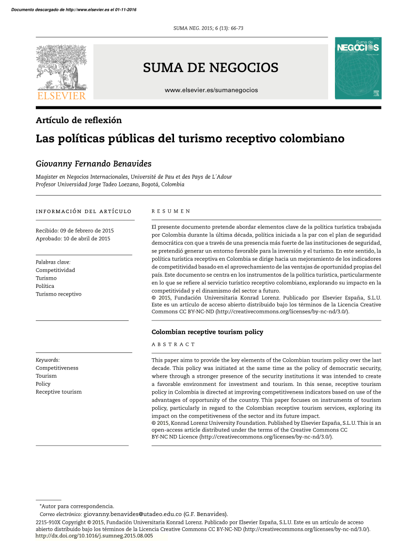 Pdf Las Politicas Publicas Del Turismo Receptivo Colombiano