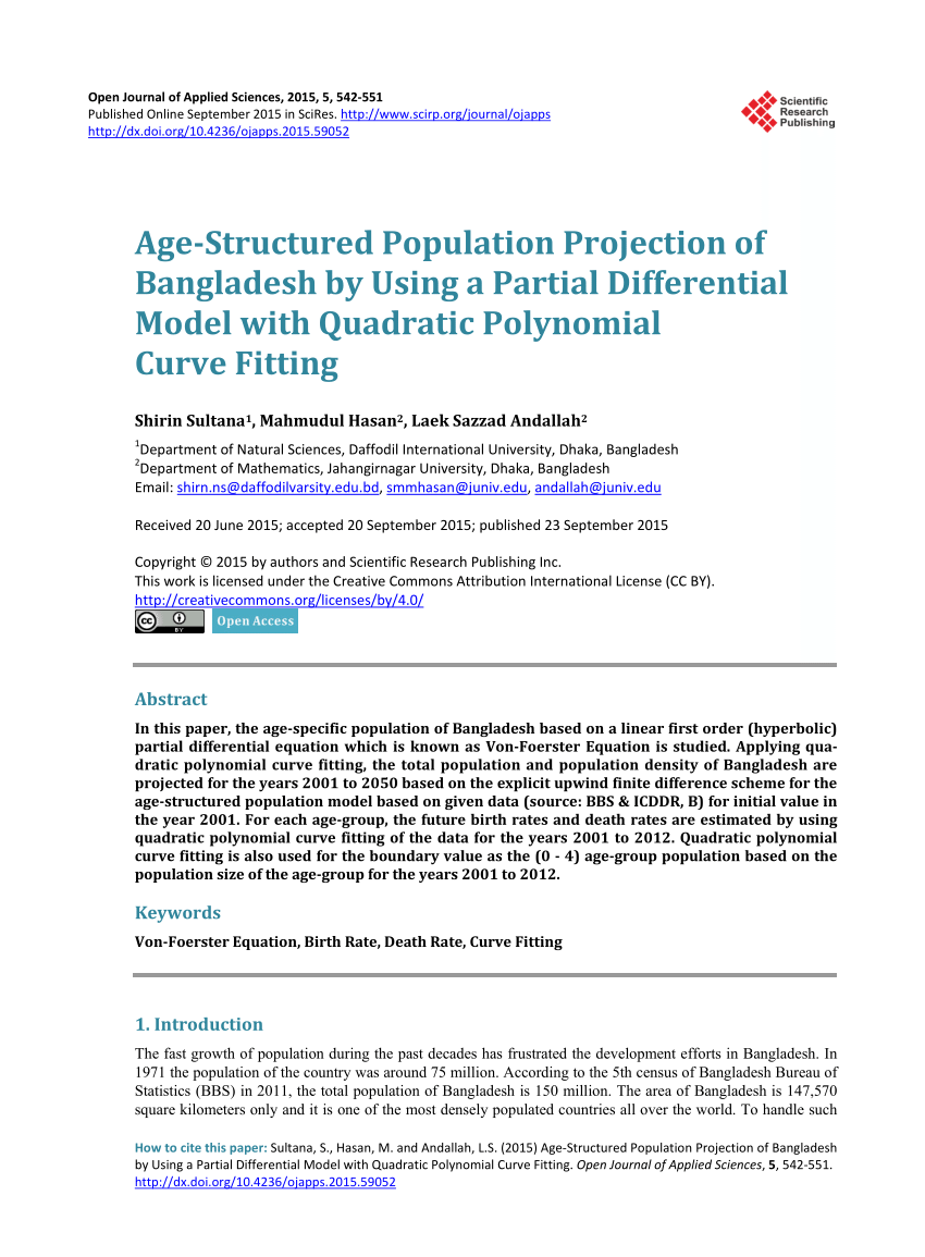 Pdf Age Structured Population Projection Of Bangladesh By Using A Partial Differential Model With Quadratic Polynomial Curve Fitting