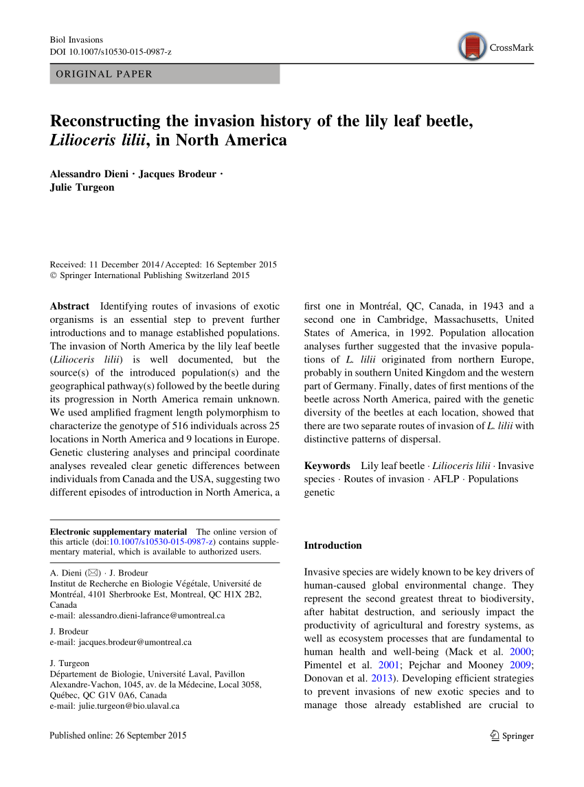 Pdf Reconstructing The Invasion History Of The Lily Leaf Beetle Lilioceris Lilii In North America