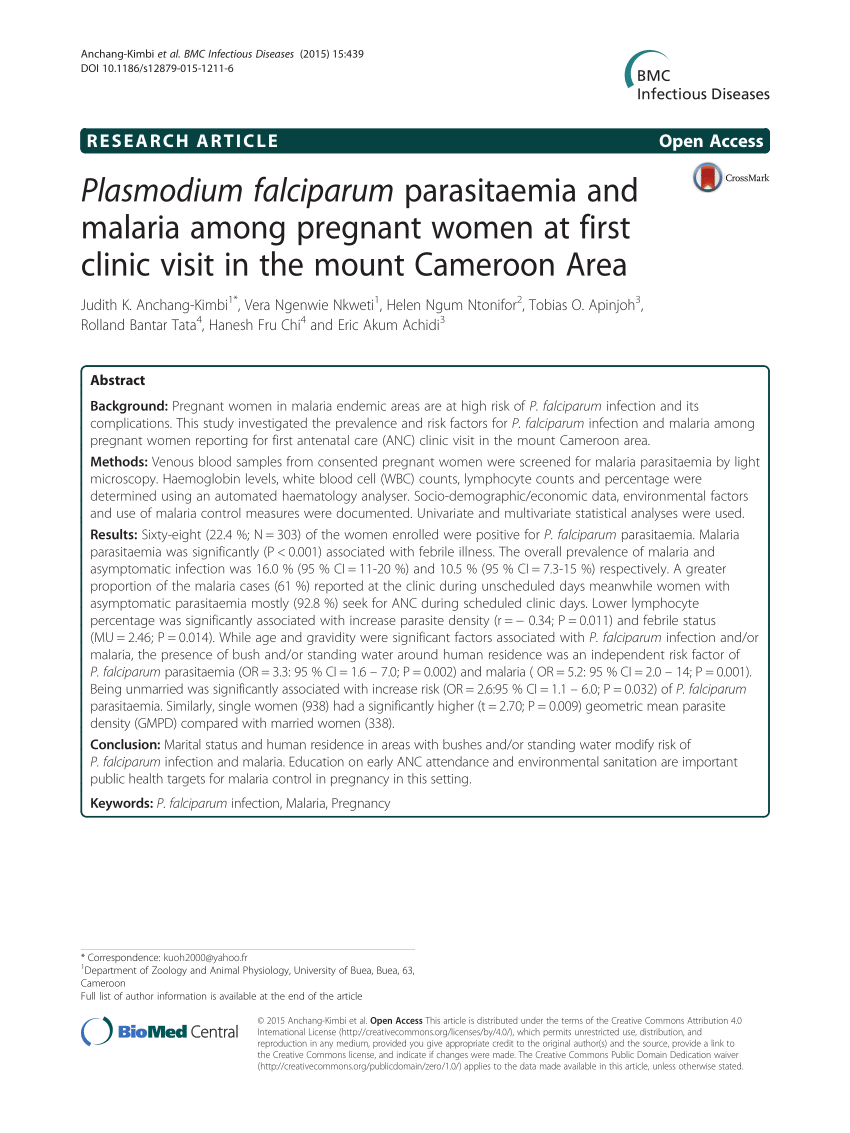 PDF) Plasmodium falciparum parasitaemia and malaria among pregnant women at first clinic visit in the mount Cameroon Area