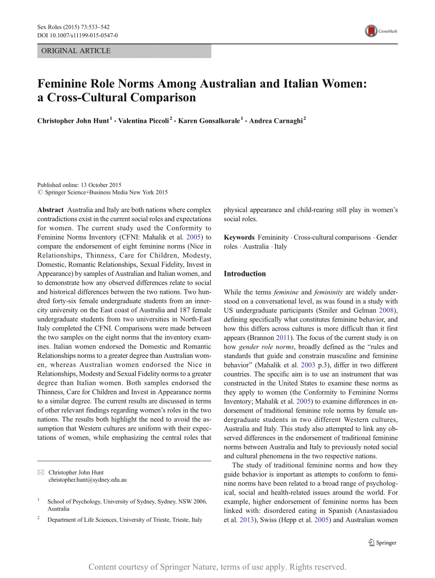 Feminine Role Norms Among Australian and Italian Women: a Cross-Cultural  Comparison | Request PDF