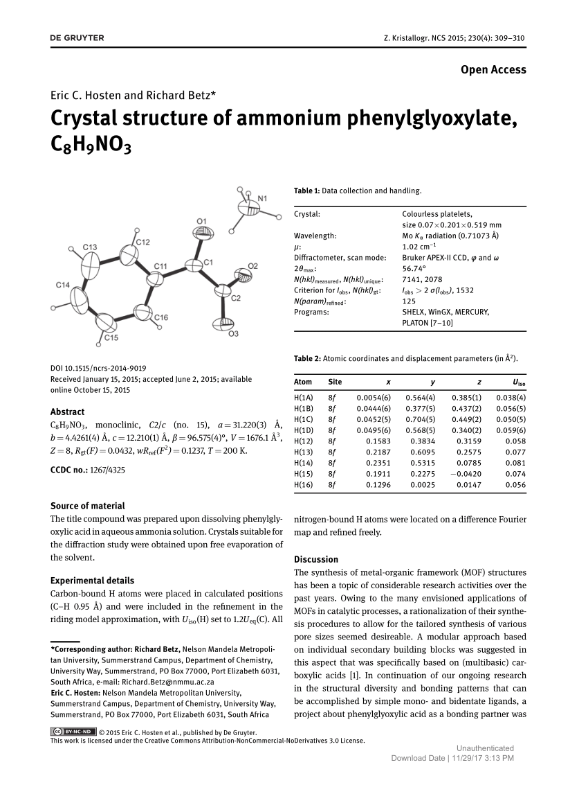 Pdf Crystal Structure Of Ammonium Phenylglyoxylate C8h9no3