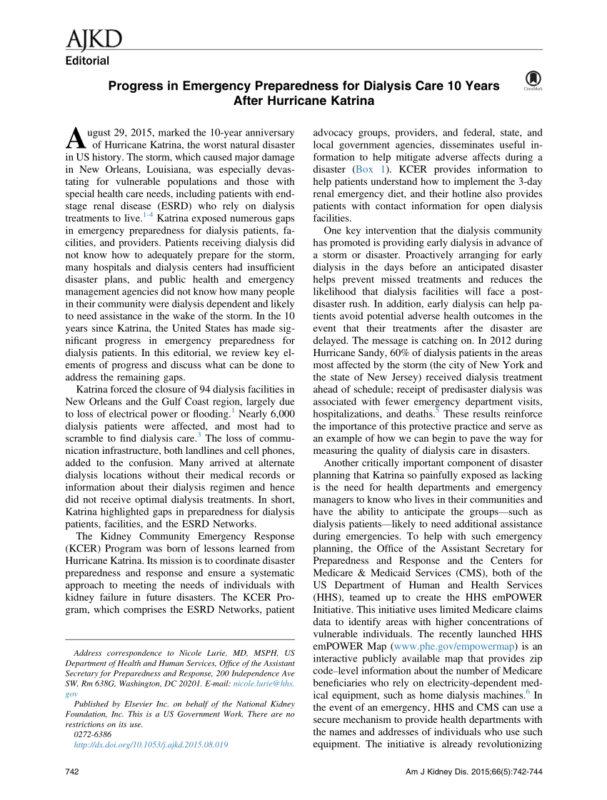 Pdf Progress In Emergency Preparedness For Dialysis Care 10 Years After Hurricane Katrina 5838