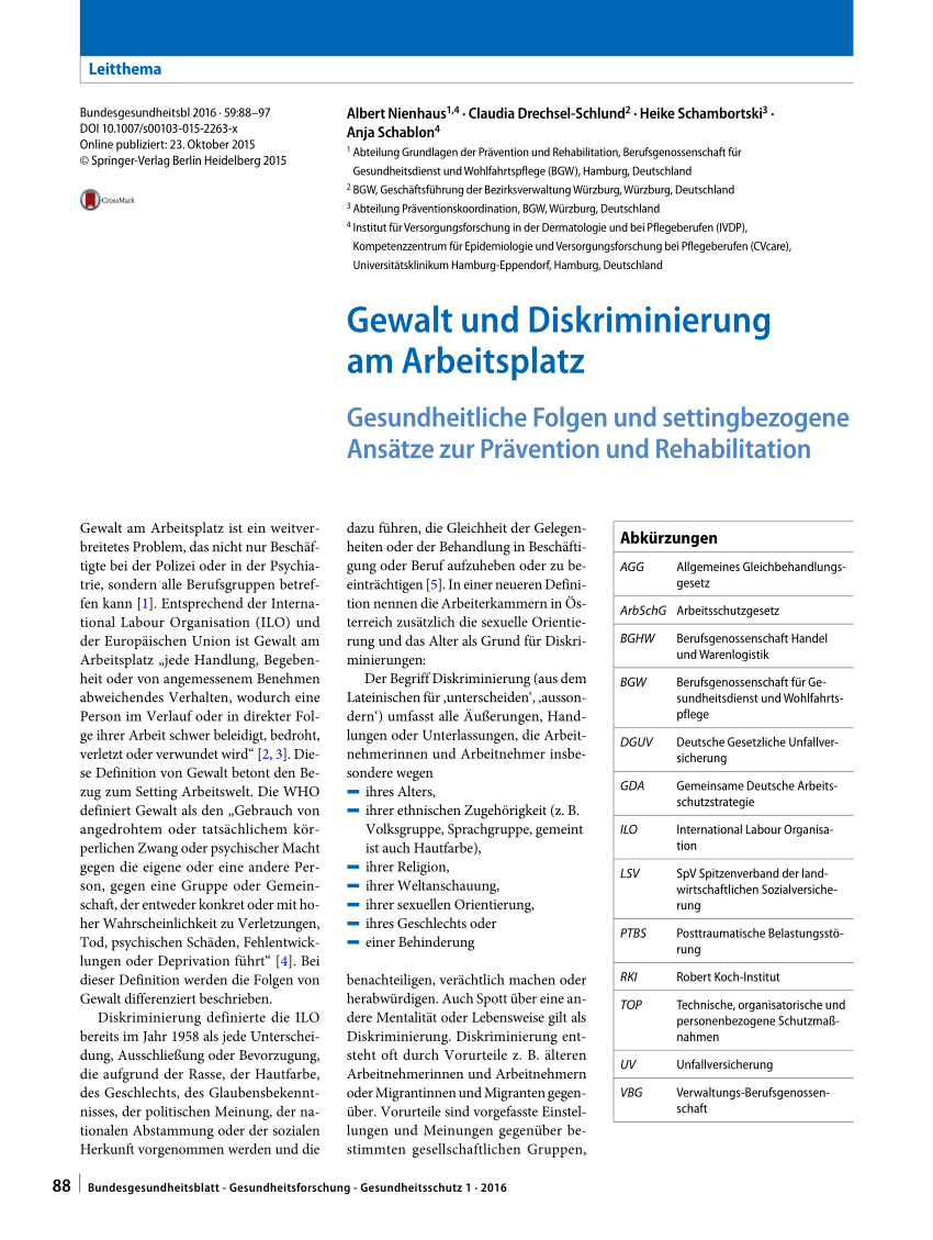 Pdf Violence And Discrimination In The Workplace The Effects On Health And Setting Related Approaches To Prevention And Rehabilitation