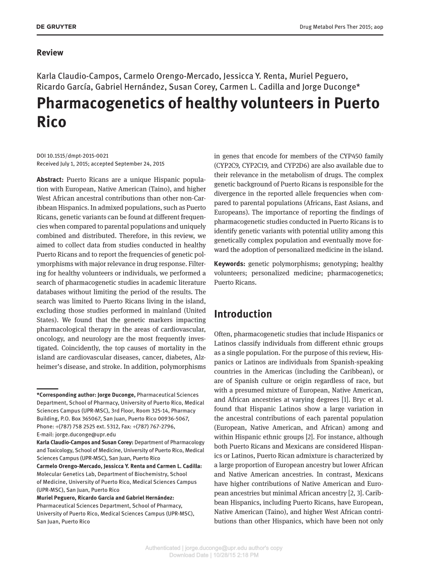 PDF) Pharmacogenetics of healthy volunteers in Puerto Rico