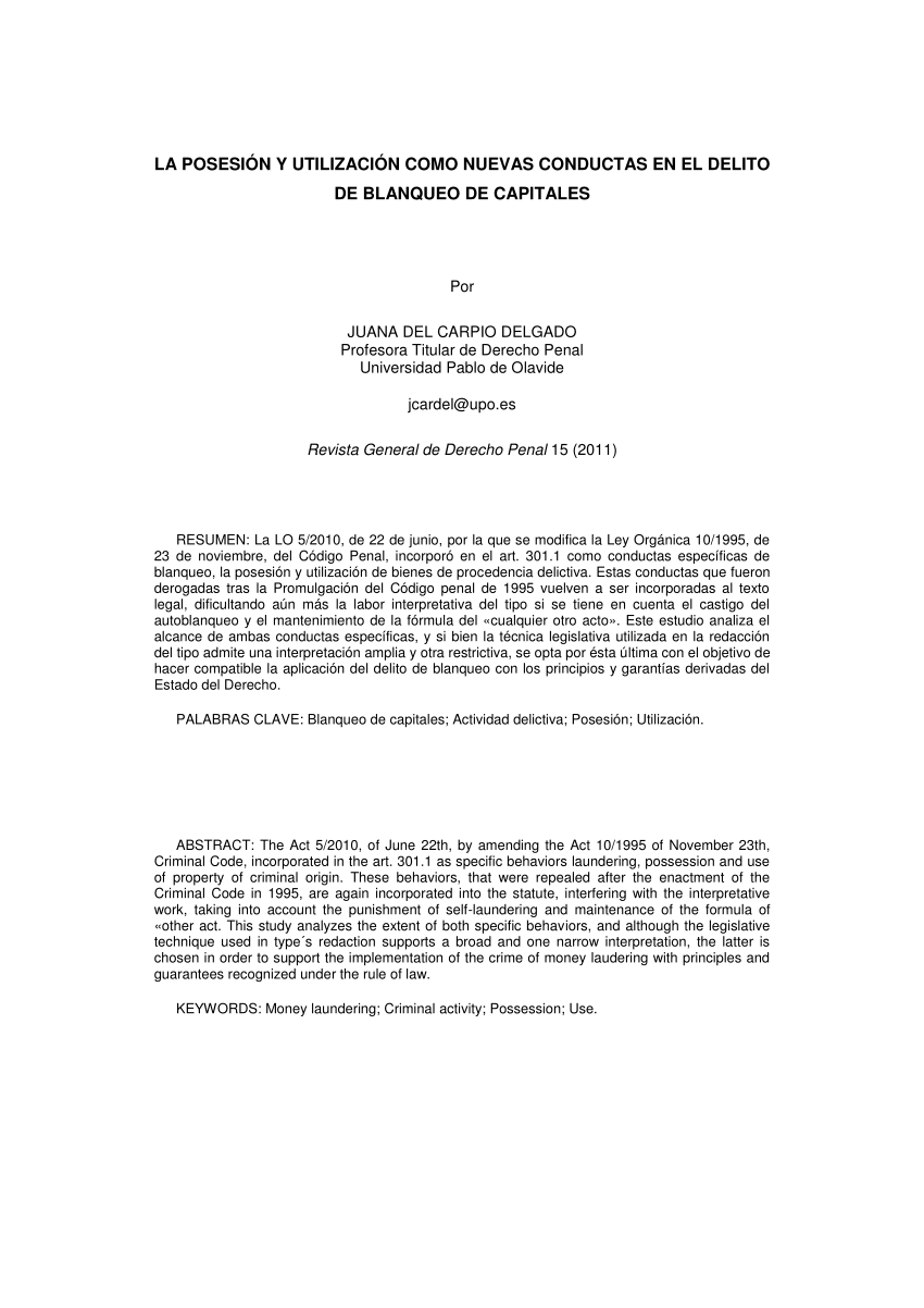 Pdf La Posesion Y Utilizacion Como Nuevas Conductas En El Delito De Blanqueo De Capitales