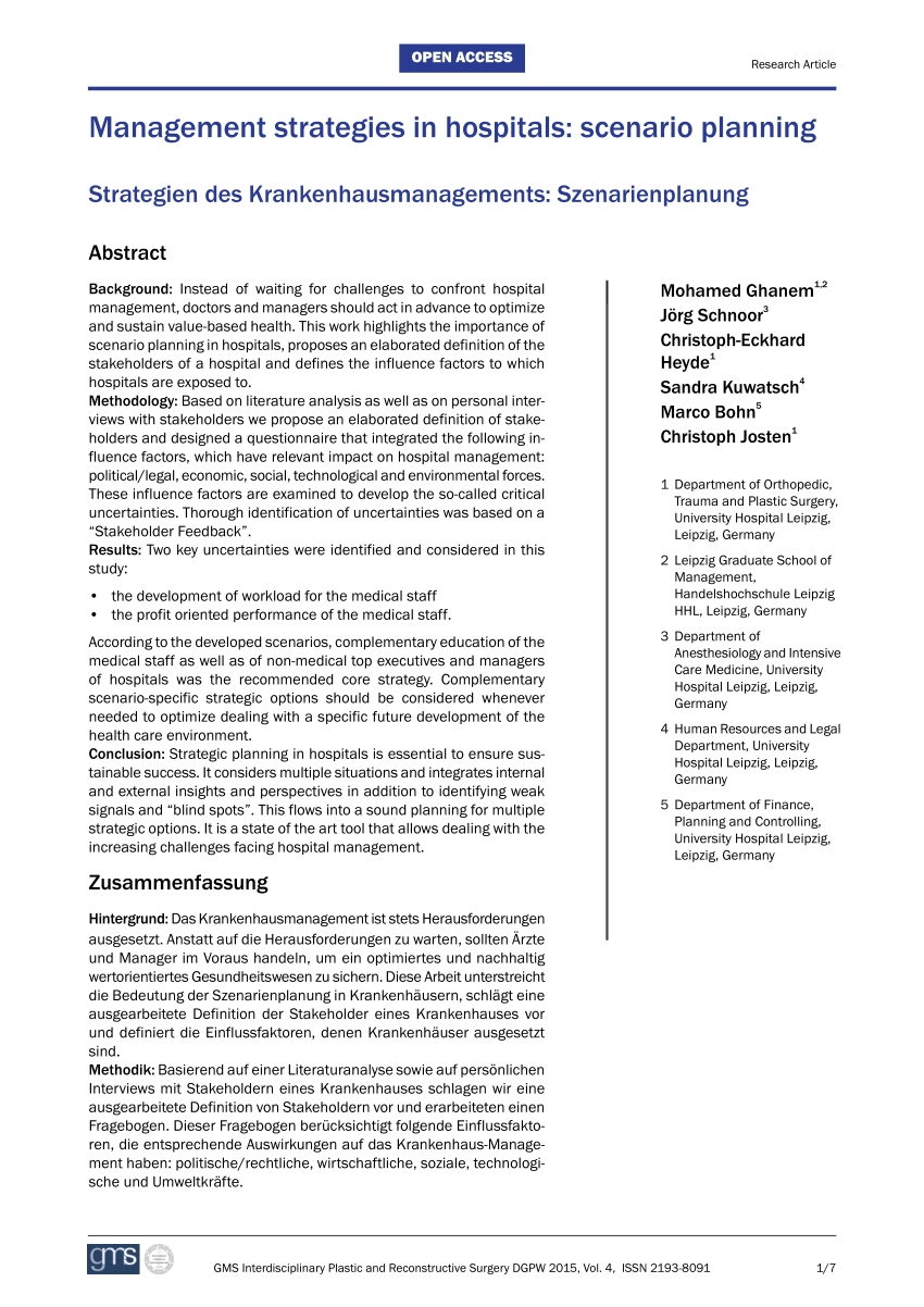 Pdf Management Strategies In Hospitals Scenario Planning