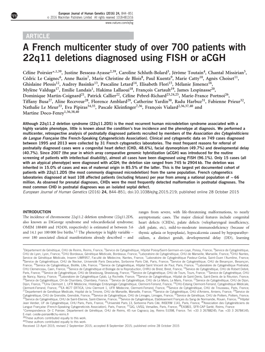 Pdf A French Multicenter Study Of Over 700 Patients With 22q11 Deletions Diagnosed Using Fish Or Acgh