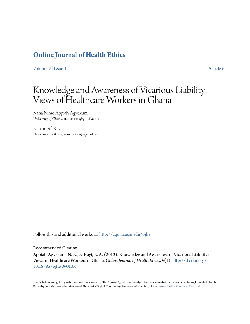 PDF) Knowledge and Awareness of Vicarious Liability: Views of Healthcare  Workers in Ghana