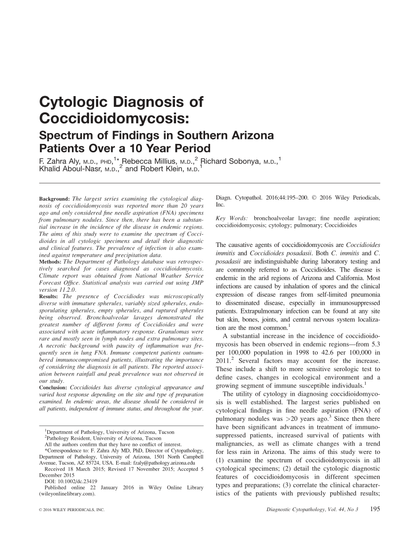 Pdf Cytologic Diagnosis Of Coccidioidomycosis Spectrum Of Findings In Southern Arizona 