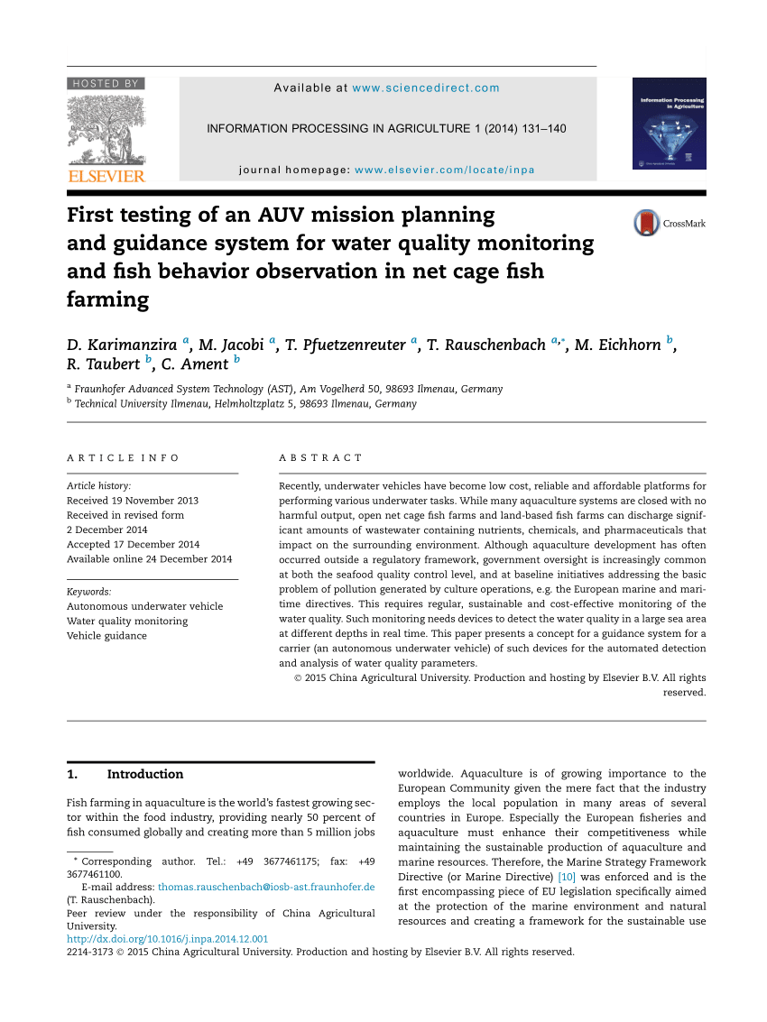 PDF) First testing of an AUV mission planning and guidance system for water  quality monitoring and fish behavior observation in net cage fish farming