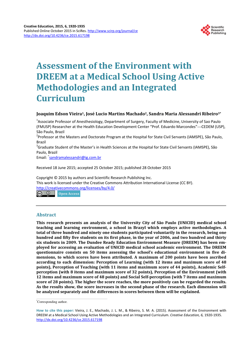 Pdf Assessment Of The Environment With Dreem At A Medical School Using Active Methodologies And An Integrated Curriculum