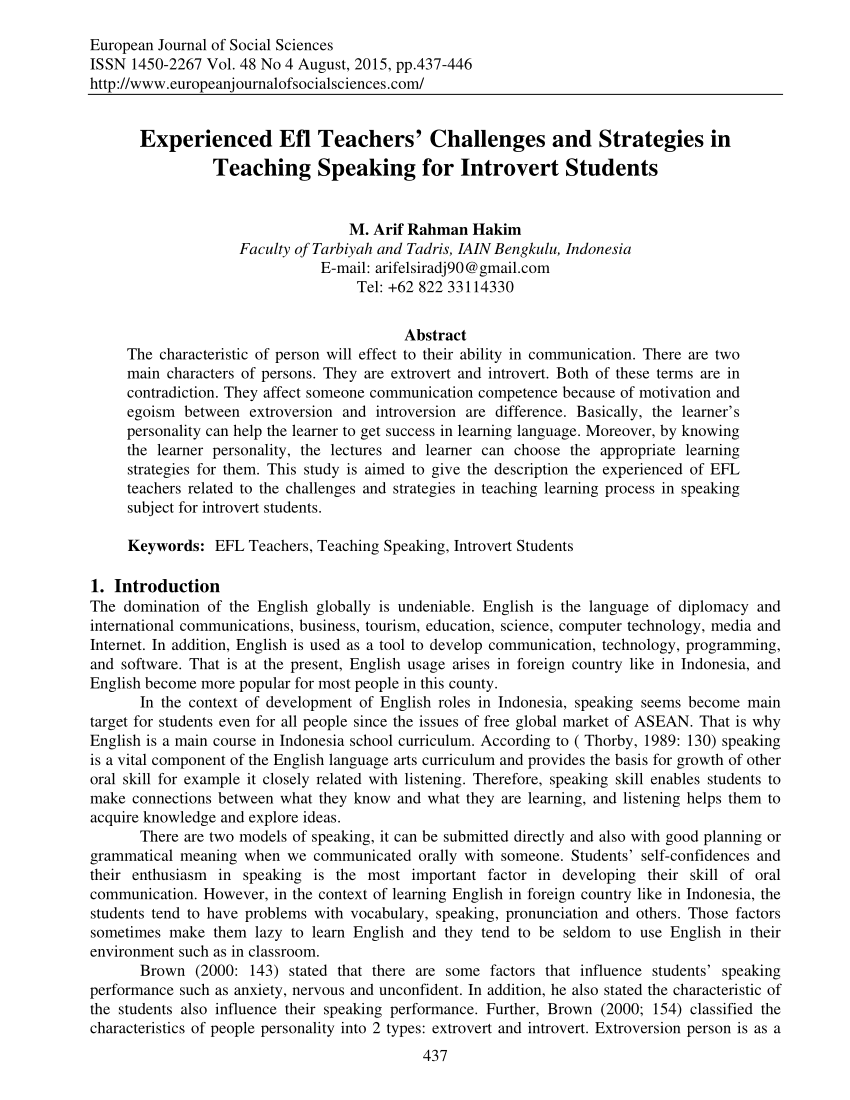 Pdf Experienced Efl Teachers Challenges And Strategies In Teaching Speaking For Introvert Students