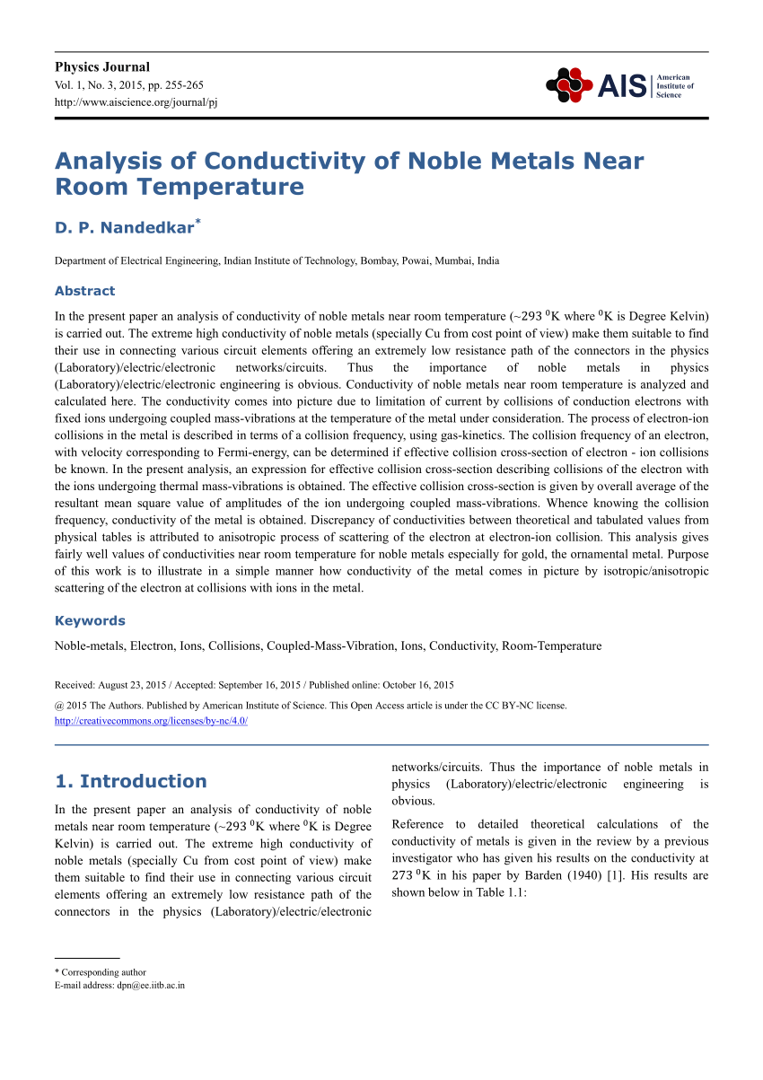 Pdf Analysis Of Conductivity Of Noble Metals Near Room Temperature