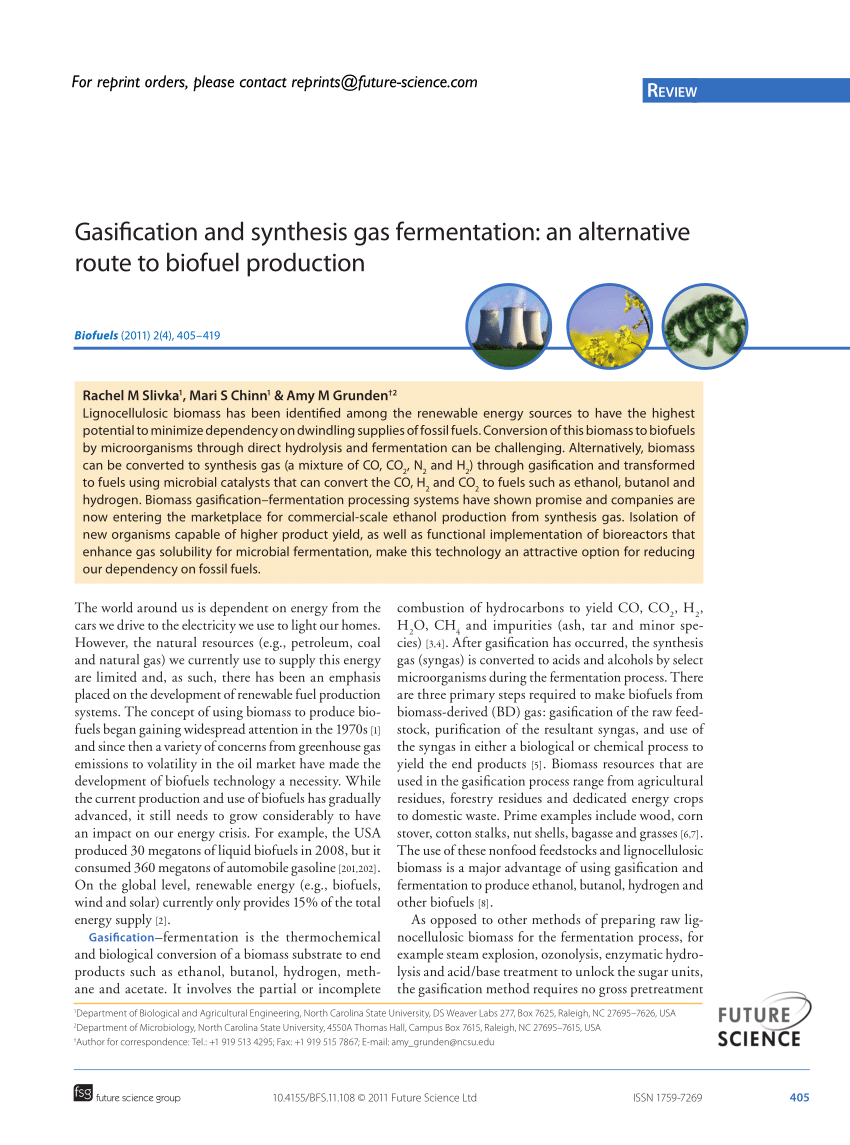 PDF) Gasification and synthesis gas fermentation: An alternative 