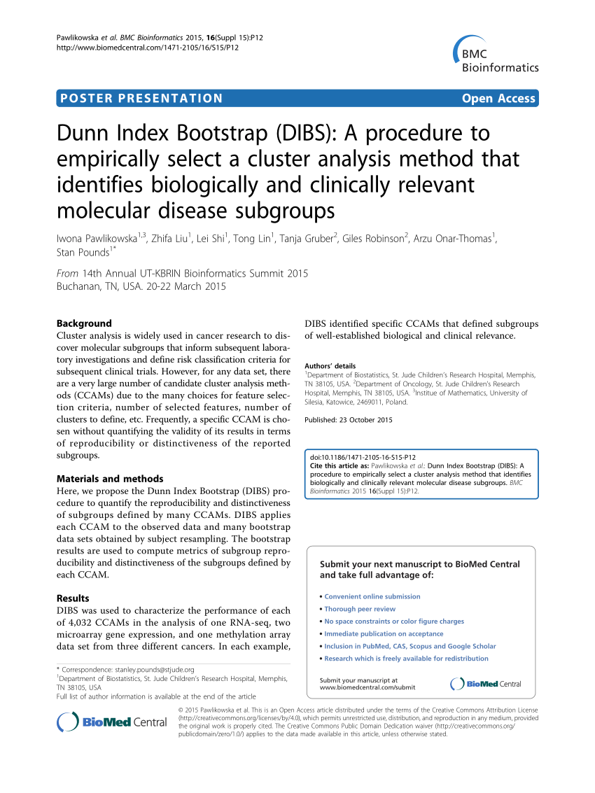 Pdf Dunn Index Bootstrap Dibs A Procedure To Empirically Select A Cluster Analysis Method That Identifies Biologically And Clinically Relevant Molecular Disease Subgroups