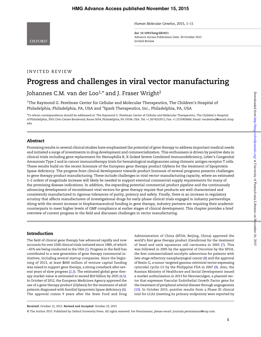 (PDF) Progress and Challenges in Viral Vector Manufacturing