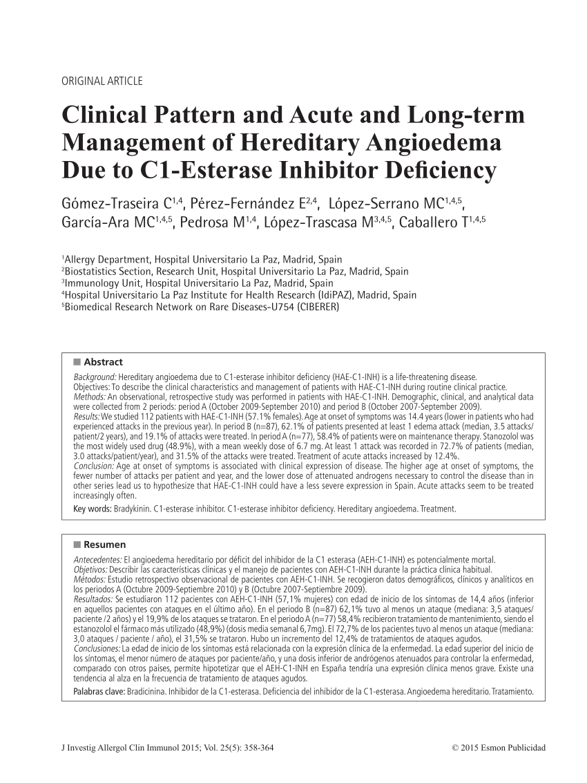 Pdf Clinical Pattern And Acute And Long Term Management Of Hereditary Angioedema Due To C1 9226