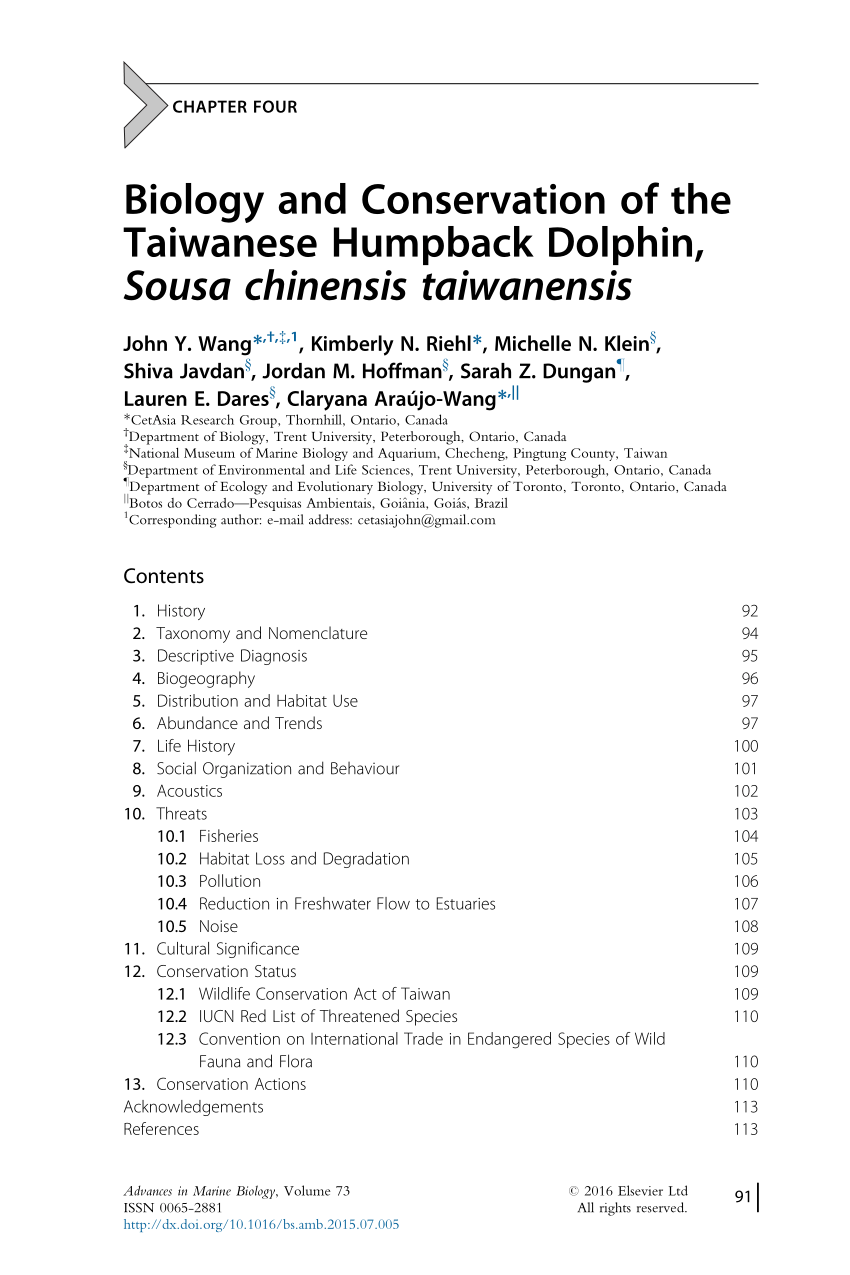 PDF) Biology and Conservation of the Taiwanese Humpback Dolphin, Sousa  chinensis taiwanensis