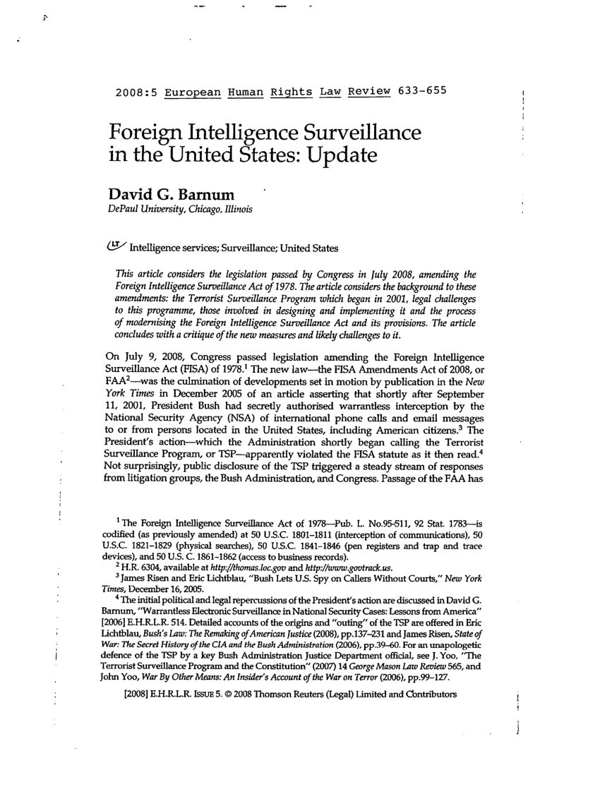 (PDF) Foreign Intelligence Surveillance in the United States Update