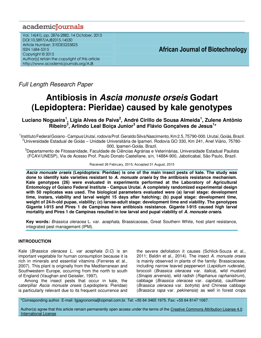 Pdf Antibiosis In Ascia Monuste Orseis Godart Lepidoptera Pieridae Caused By Kale Genotypes
