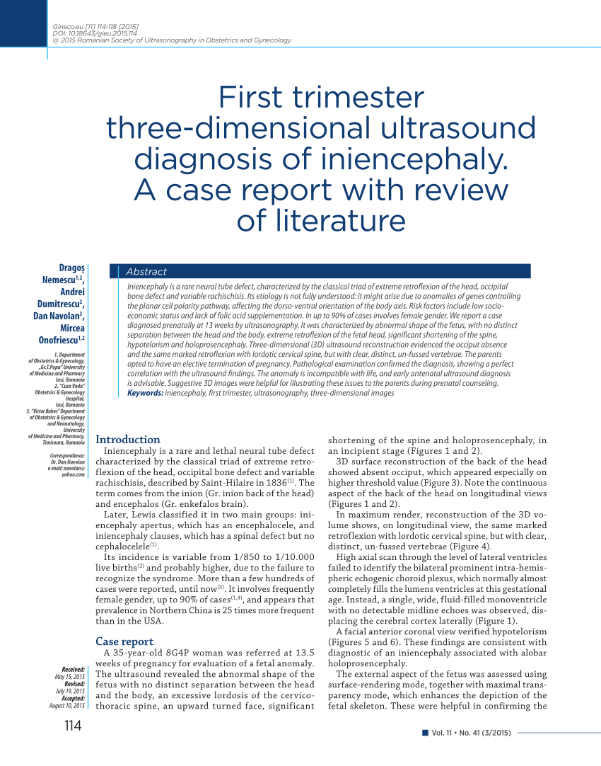 Pdf First Trimester Three Dimensional Ultrasound Diagnosis Of Iniencephaly A Case Report With Review Of Literature