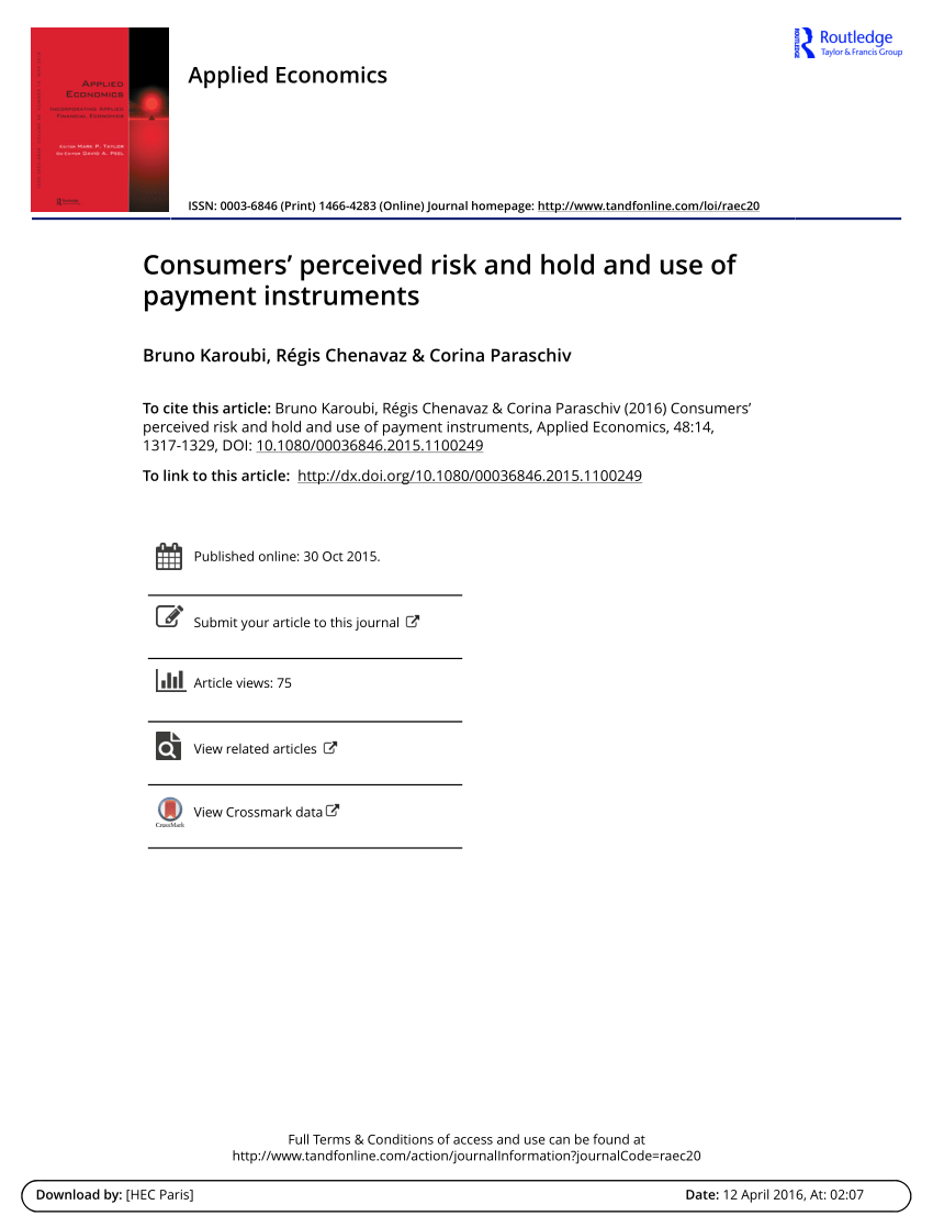 Pdf Consumers Perceived Risk And Hold And Use Of Payment Instruments