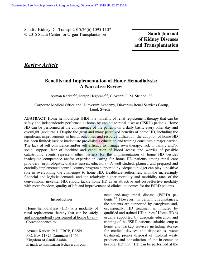 PDF) Benefits and implementation of home hemodialysis: A narrative review