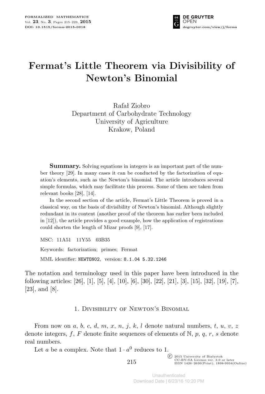 Pdf Fermat S Little Theorem Via Divisibility Of Newton S Binomial