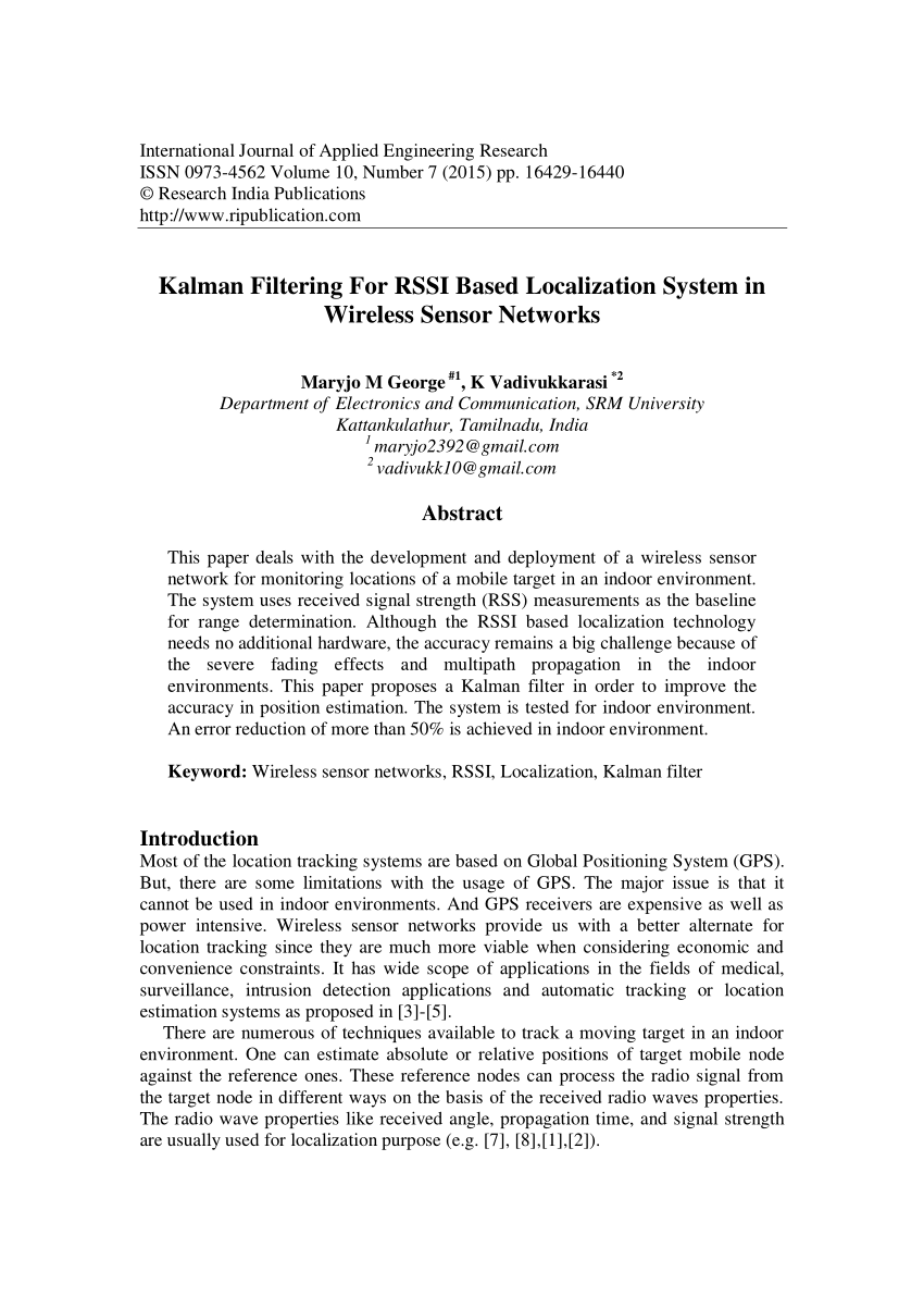 Pdf Kalman Filtering For Rssi Based Localization System In Wireless Sensor Networks