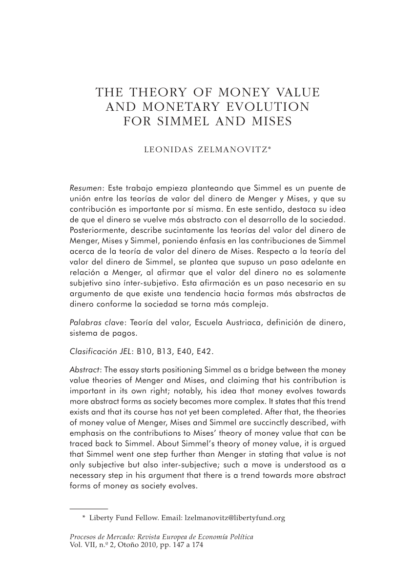 Pdf The Theory Of Money Value And Monetary Evolution For Simmel And Mises