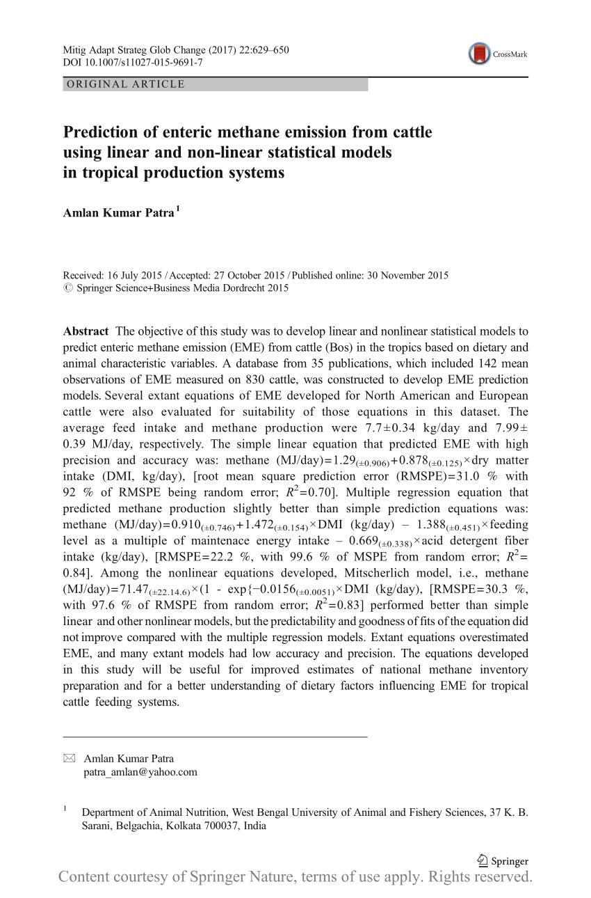 Prediction of enteric methane emission from cattle using linear and  non-linear statistical models in tropical production systems | Request PDF