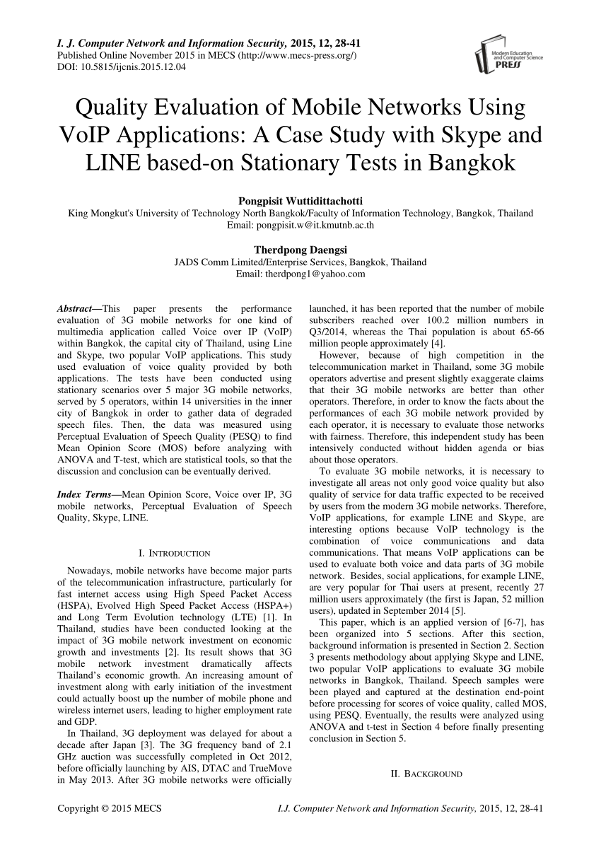 Analysis of QoS VoIP applications on mobile devices based on PESQ MOS score