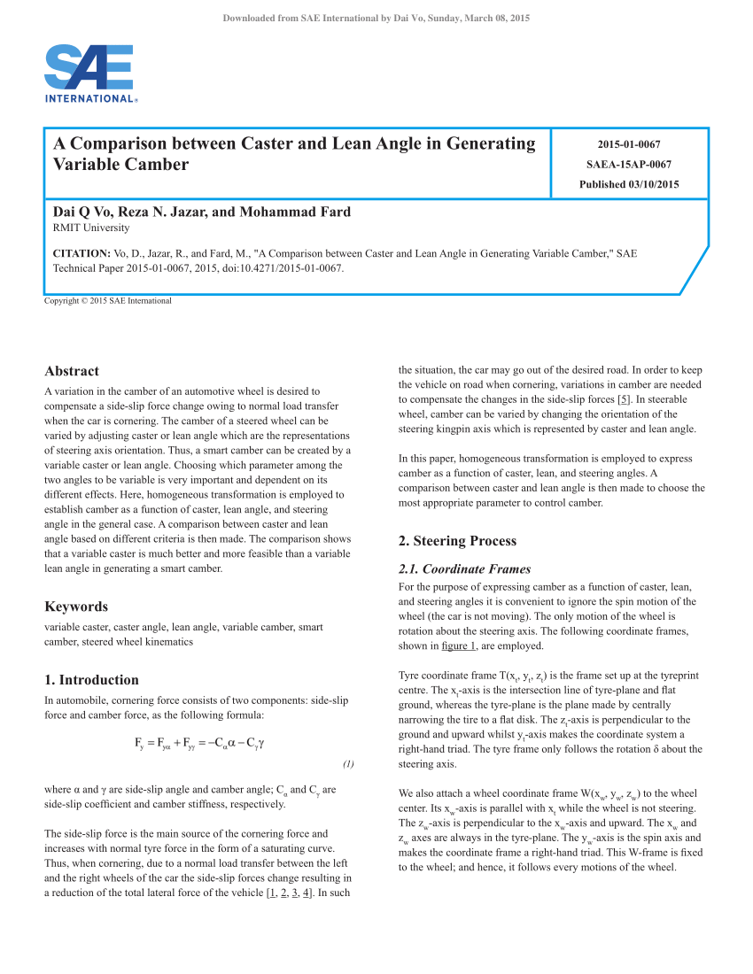 Pdf A Comparison Between Caster And Lean Angle In Generating Variable Camber