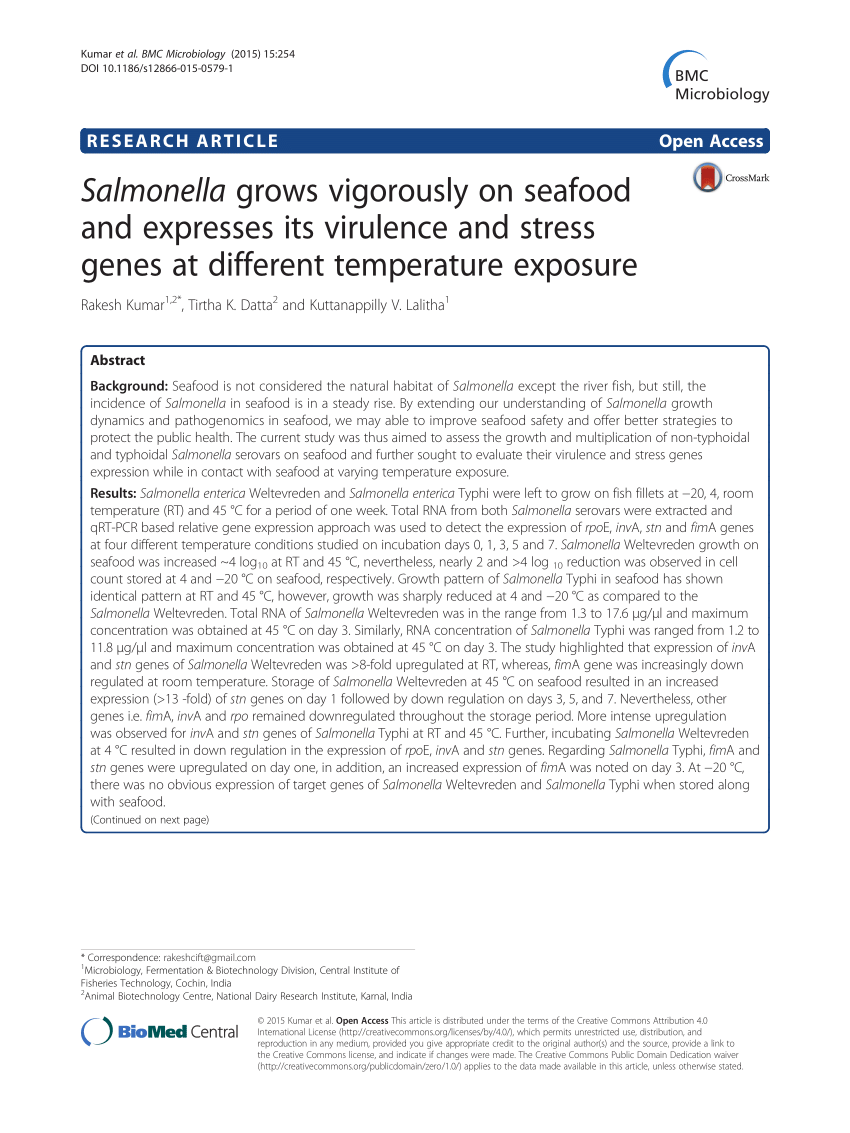 Pdf Salmonella Grows Vigorously On Seafood And Expresses Its Virulence And Stress Genes At Different Temperature Exposure