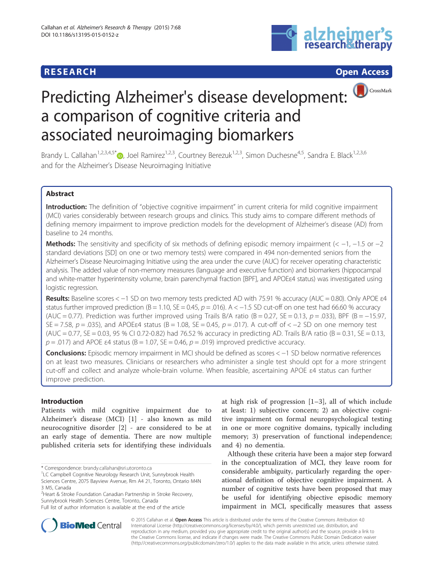 Pdf Predicting Alzheimer S Disease Development A Comparison Of Cognitive Criteria And Associated Neuroimaging Biomarkers