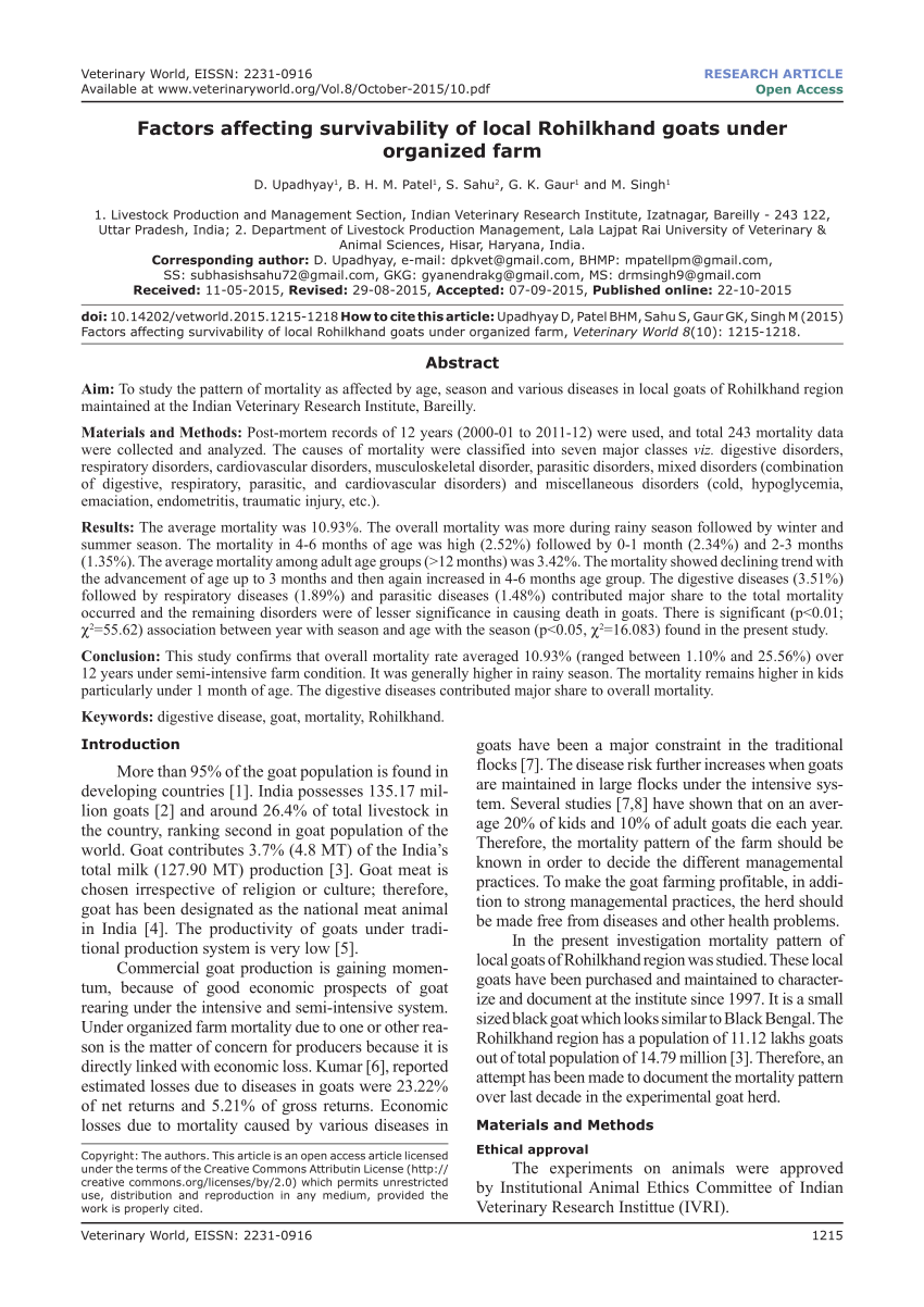 Pdf Factors Affecting Survivability Of Local Rohilkhand Goats Under Organized Farm 4786