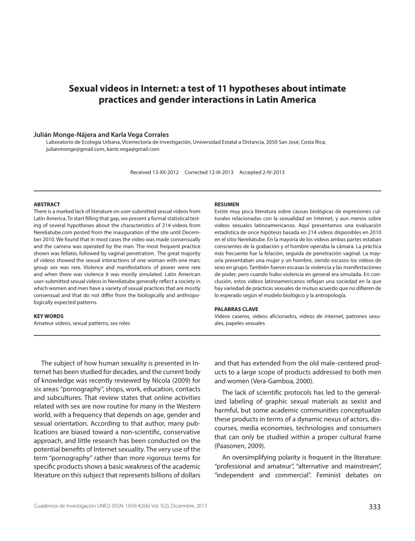 PDF) Sexual videos in Internet a test of 11 hypotheses about intimate practices and gender interactions in Latin America