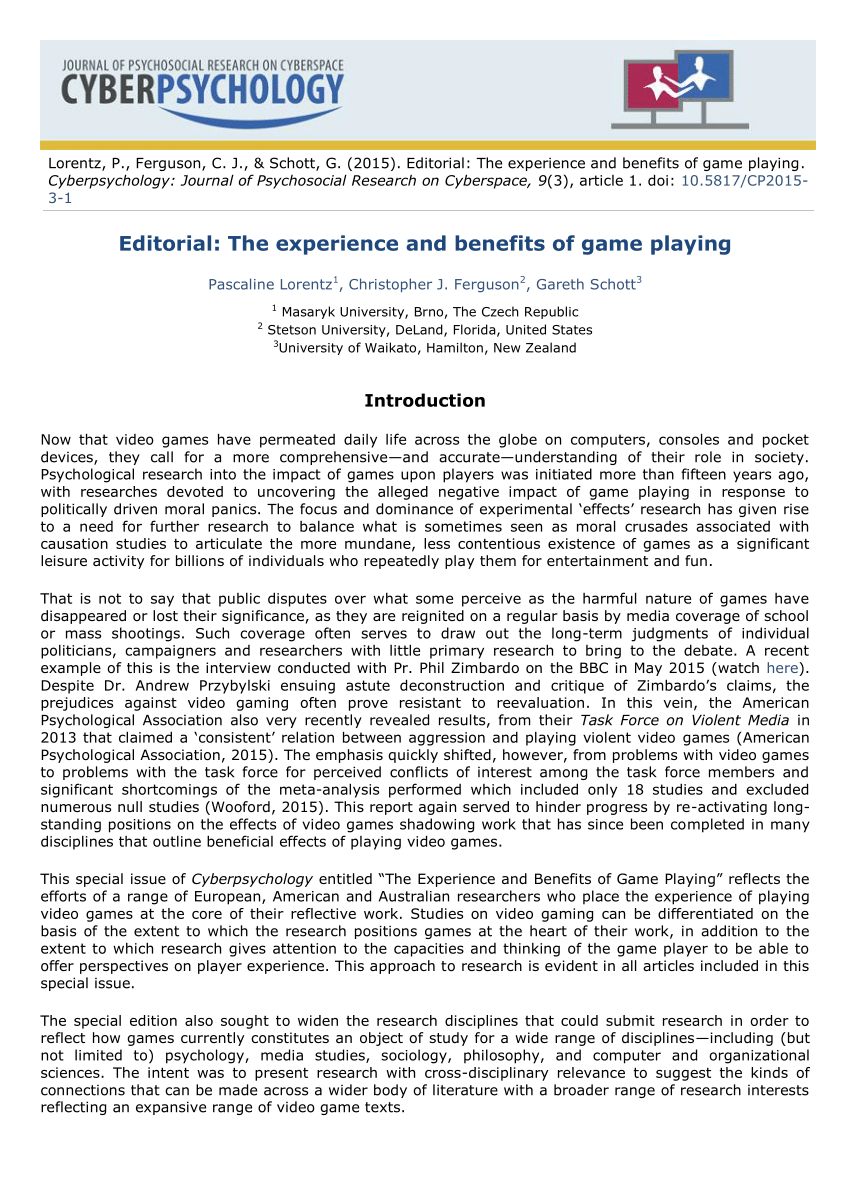 PDF) Editorial: The experience and benefits of game playing