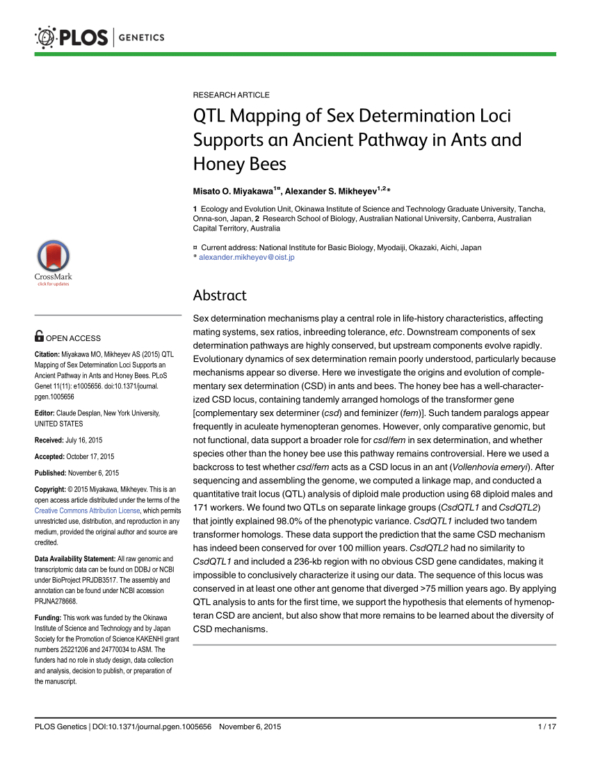 Pdf Qtl Mapping Of Sex Determination Loci Supports An Ancient Pathway In Ants And Honey Bees 7820