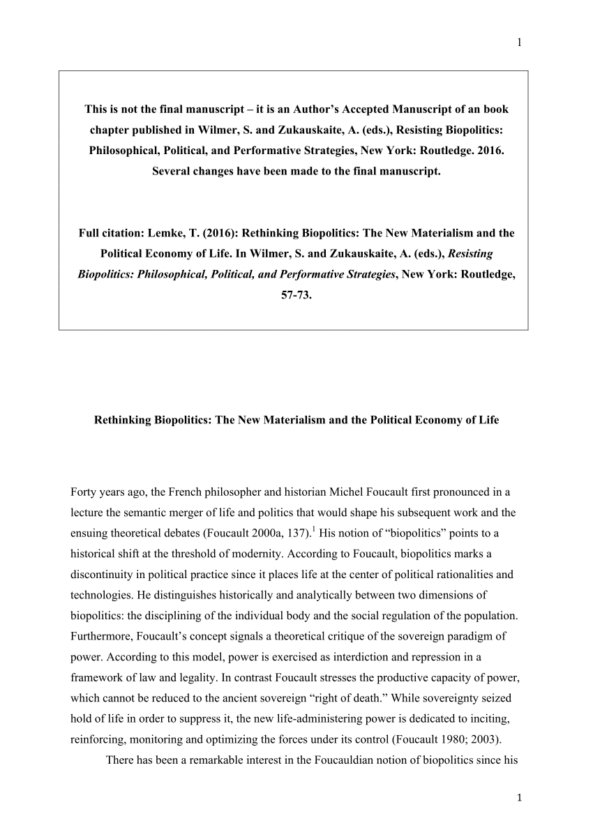 The ​Politics of Life: Rethinking Resistance in the Biopolitical