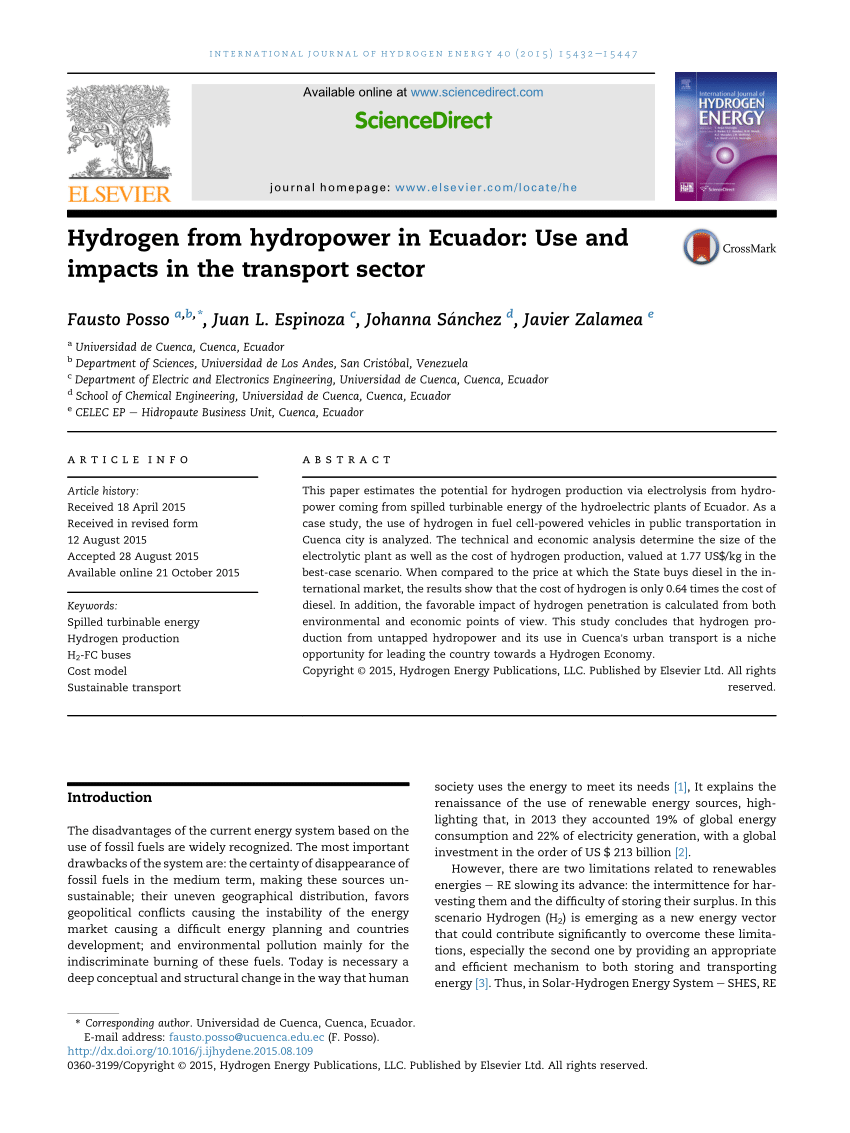 PDF) Hydrogen from hydropower in Ecuador: Use and impacts in the transport  sector
