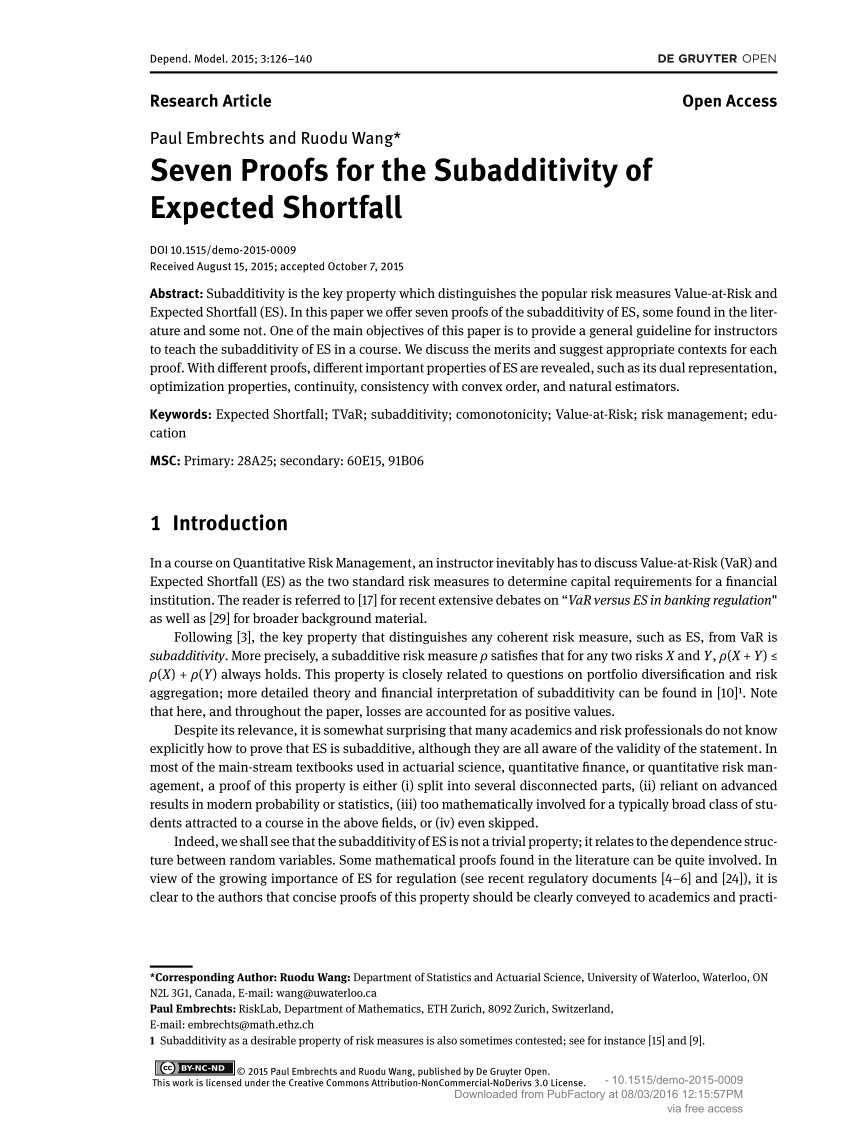 Pdf Seven Proofs For The Subadditivity Of Expected Shortfall