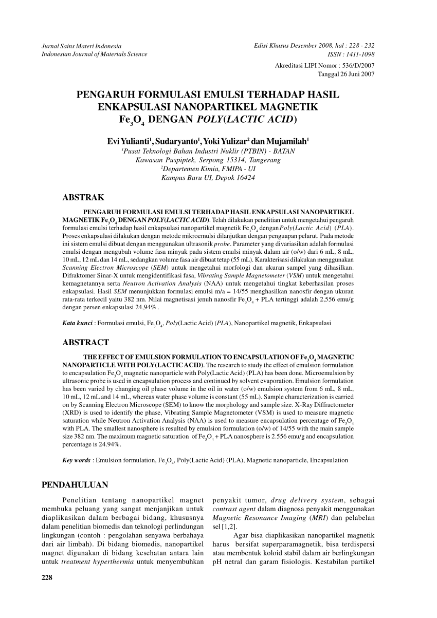 Pdf Pengaruh Formulasi Emulsi Terhadap Hasil Enkapsulasi Nanopartikel Magnetik Fe3o4 Dengan 0175