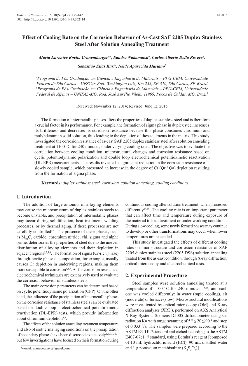 (PDF) Effect of Cooling Rate on the Corrosion Behavior of As-Cast SAF Sns-Brigh10