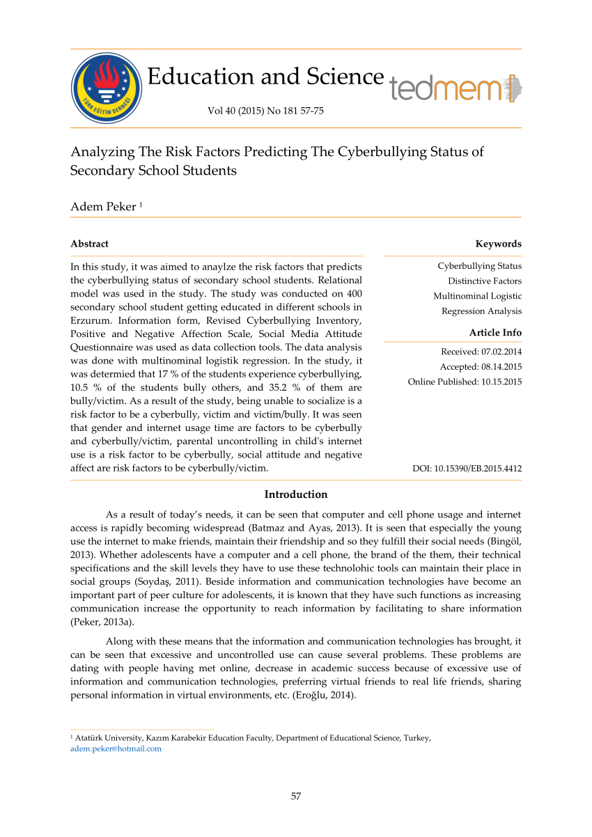 pdf analyzing the risk factors predicting the cyberbullying status of secondary school students