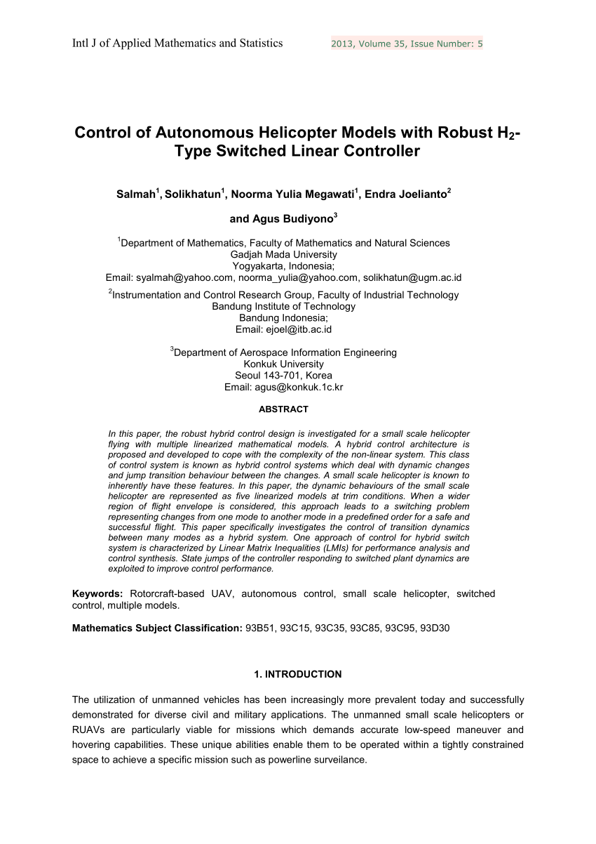 Pdf Control Of Autonomous Helicopter Models With Robust H2 Type Switched Linear Controller