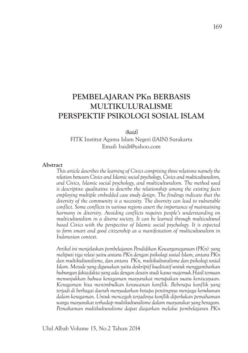 Pdf Pembelajaran Pkn Berbasis Multikuluralisme Perspektif Psikologi Sosial Islam