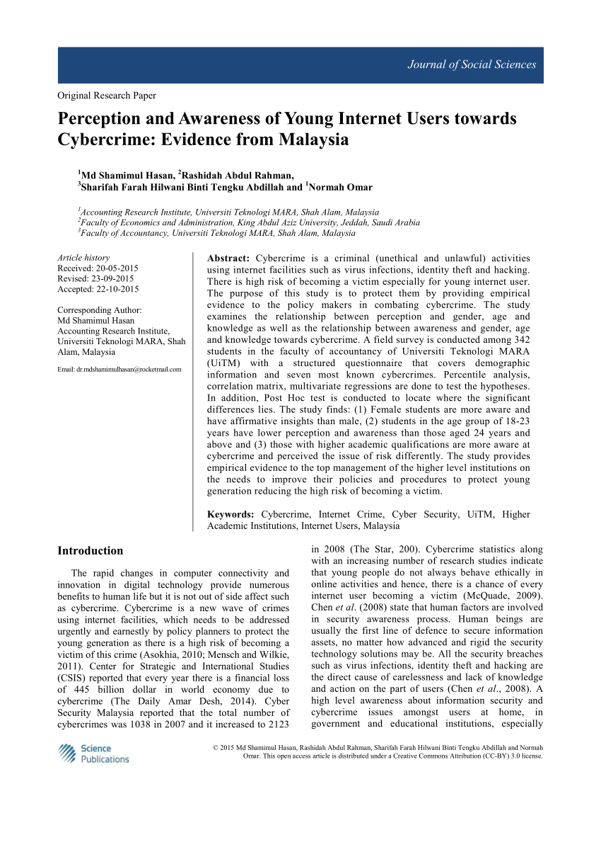 Pdf Perception And Awareness Of Young Internet Users Towards Cybercrime Evidence From Malaysia