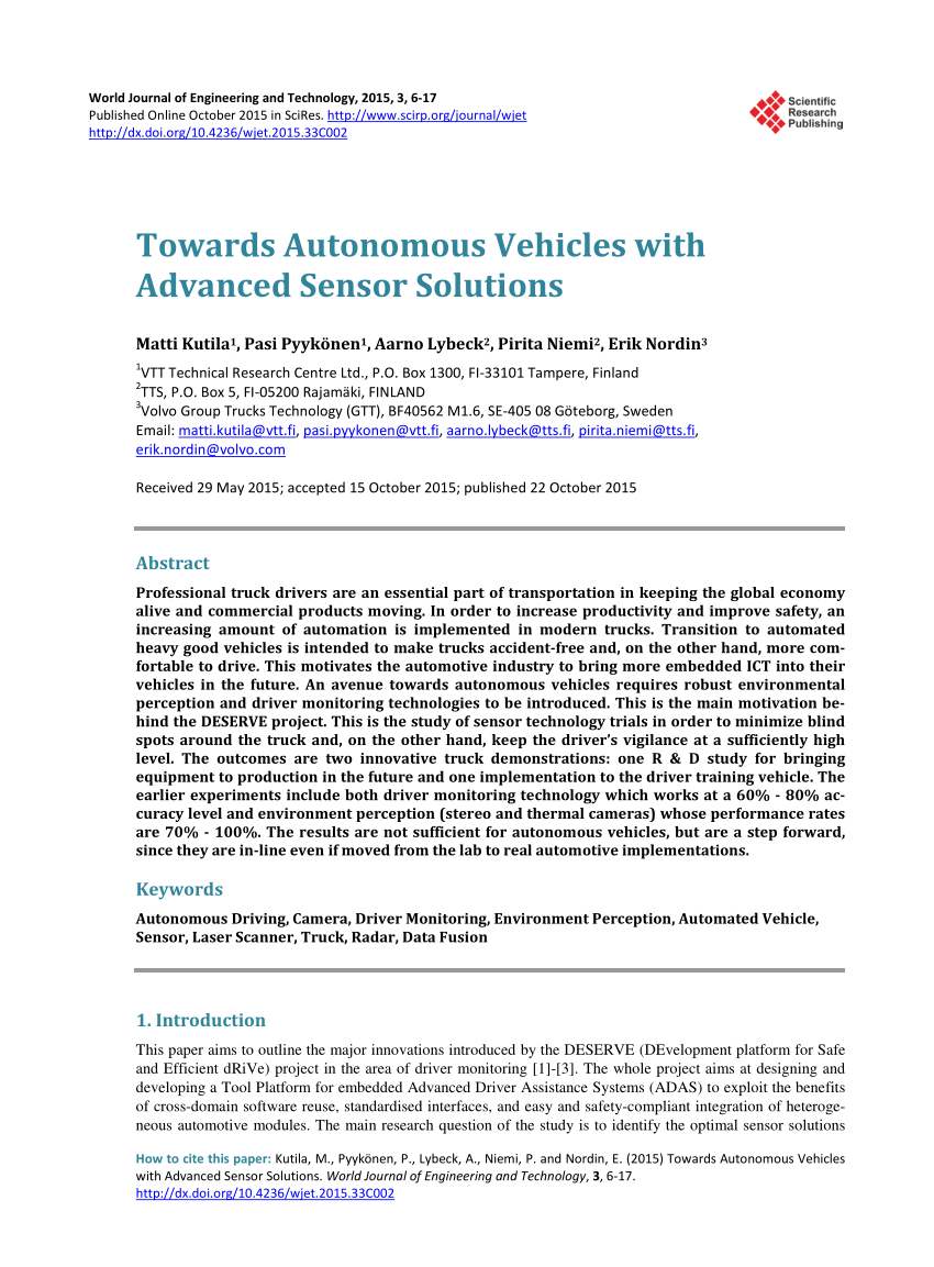 Pdf Towards Autonomous Vehicles With Advanced Sensor Solutions